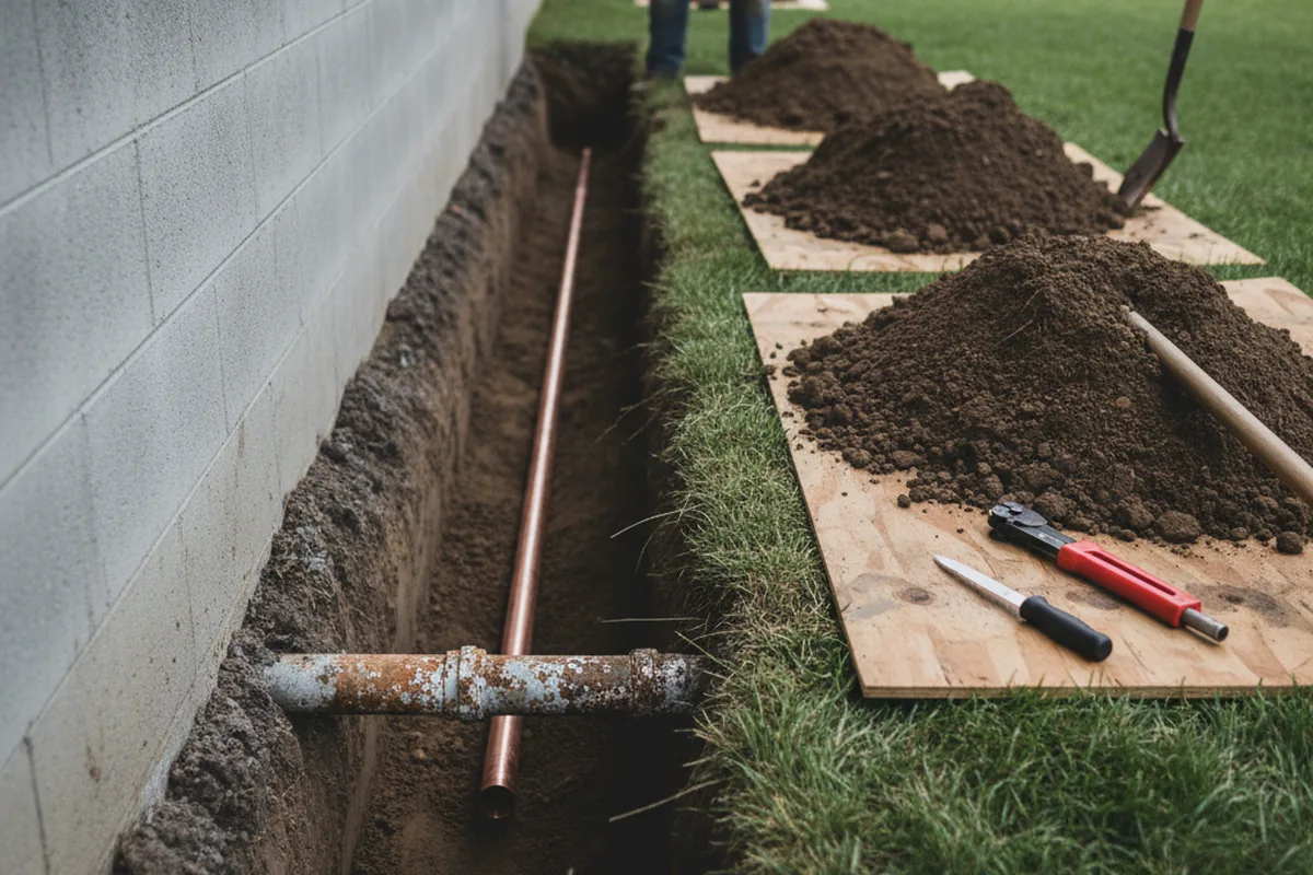 Excavated water line trench during Water Softener Installation in Saulsbury